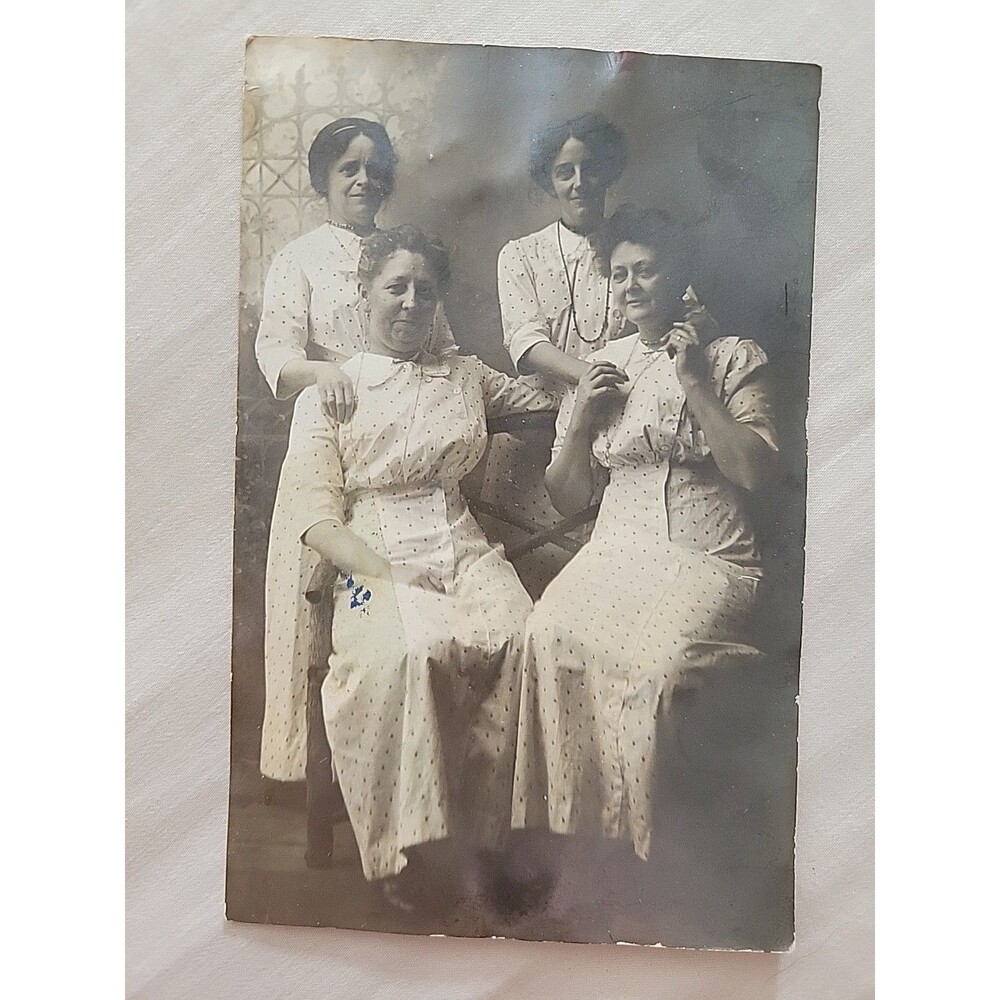 RPPC Girls Young Women Group Photo Odd Unusual Antique Postcard Polka Dot Dress